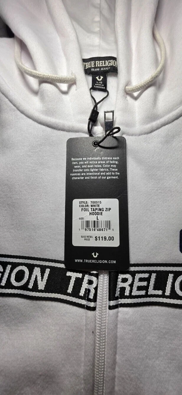 True Religion Foil Taping Zip Hoodie Men's Size Large White Sku 163